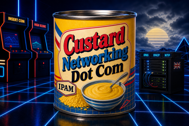 A retro custard tin labeled Custard Networking Dot Com and IPAM beside a server rack labeled DNS, DHCP, and NTP